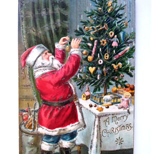 Santa Claus Christmas Postcard Mica Glitte X-mas Tree Toys P Sanders Embossed
